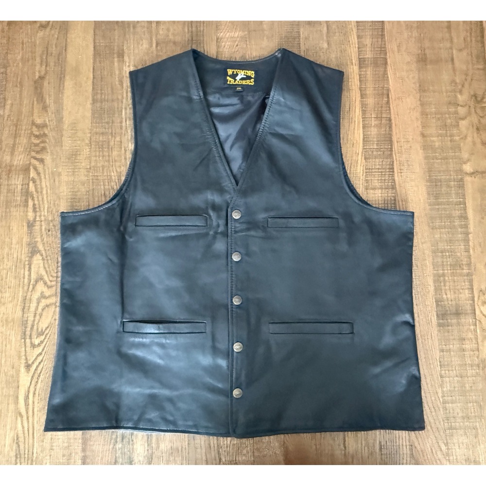 Wyoming Traders Mens Black Leather Biker Vest 2XL Cinch Back Embossed Buttons